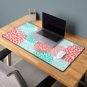 Coral Aqua and Gray Dahlia Floral Desk Mat