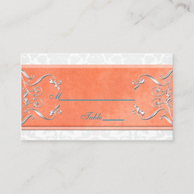 Coral, Aqua, and Grey Damask Placecards (Front)
