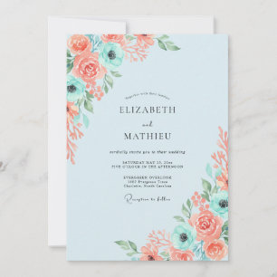 Coral Aqua Anemone Wedding Invitation