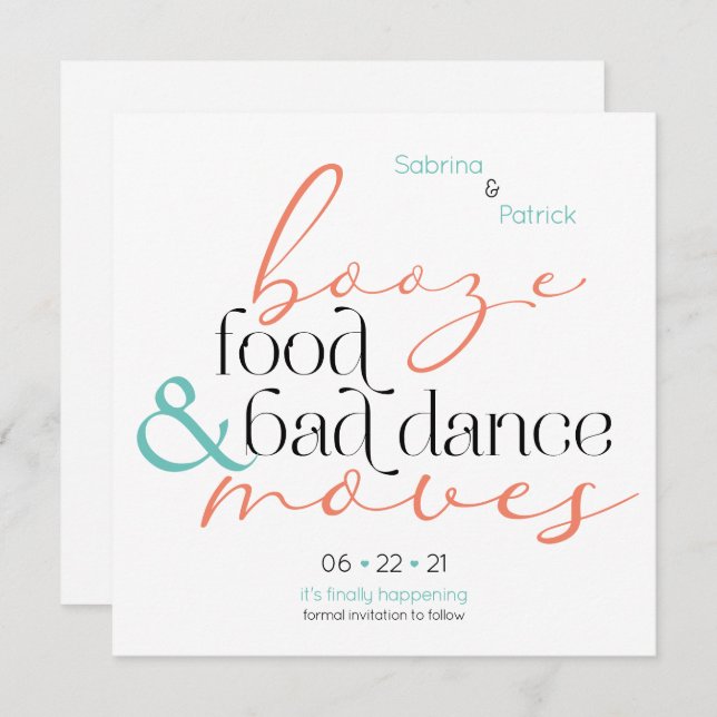 Coral Aqua Booze Food Bad Dance Moves Save theDate Invitation (Front/Back)