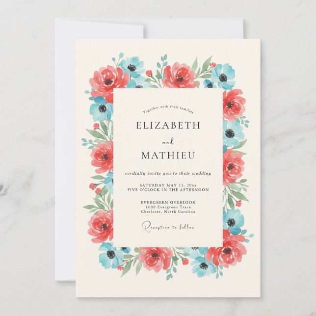 Coral Aqua Botanical Romance Wedding Invitation (Front)