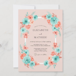 Coral Aqua Floral Whimsy Wedding Invitation