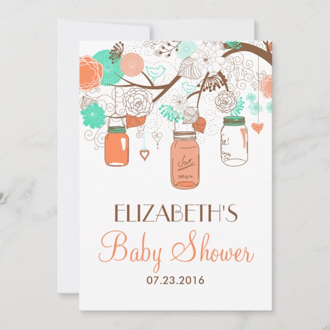 Coral & Aqua Mason Jars Baby Shower Invitation (Front)