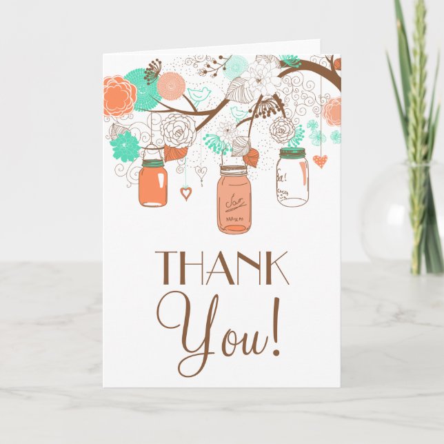 Coral & Aqua Mason Jars Thank You Card (Front)