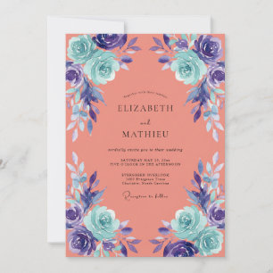 Coral Aqua Painted Blossom Wedding Invitation