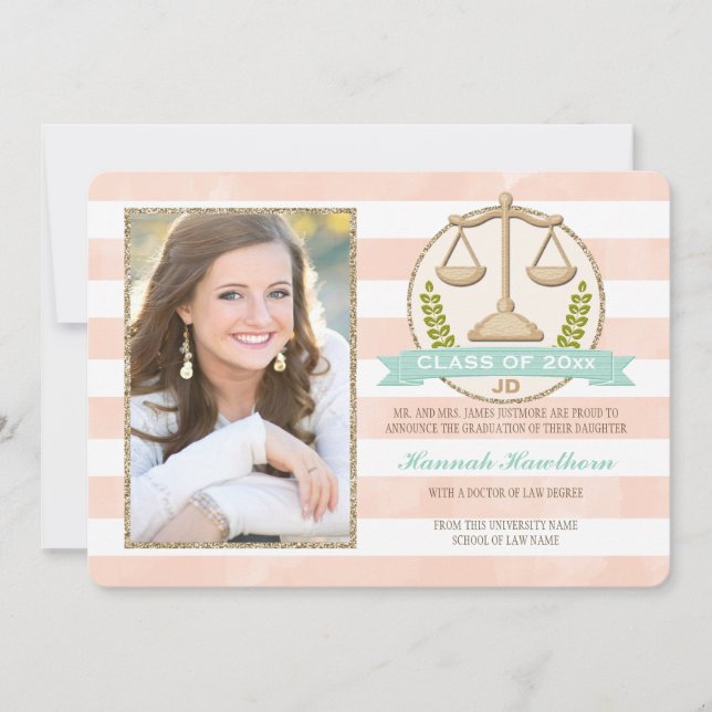 Coral Aqua Scales of Justice Law School Graduation Invitation (Front)