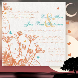 Coral Aqua Yellow Wild Flowers Wedding Invitations