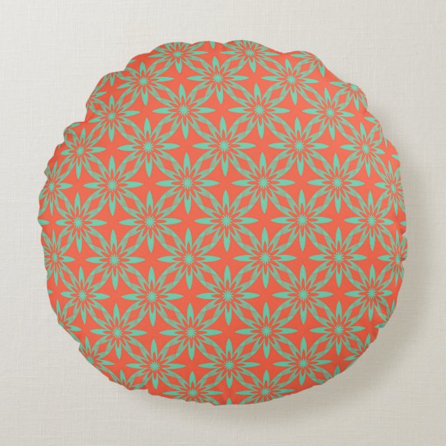 Coral Aquamarine Flower Seamless Pattern Round Cushion (Front)