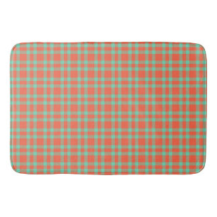Coral Aquamarine Plaid Pattern Bath Mat