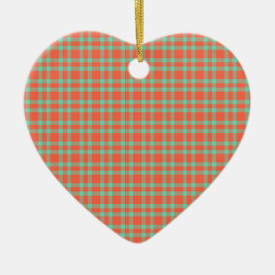 Coral Aquamarine Plaid Pattern Ceramic Ornament