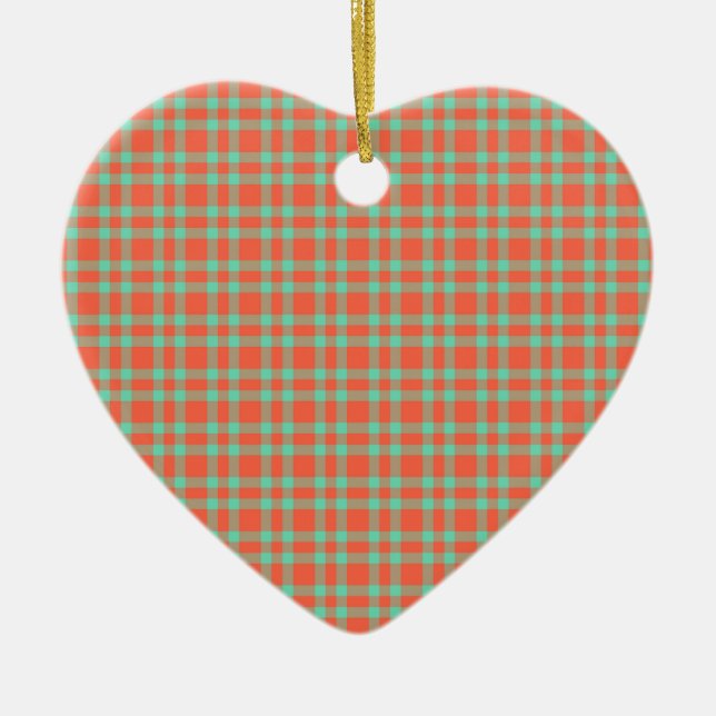 Coral Aquamarine Plaid Pattern Ceramic Ornament (Front)