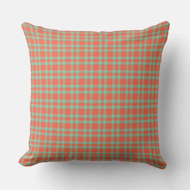 Coral Aquamarine Plaid Pattern Cushion (Front)