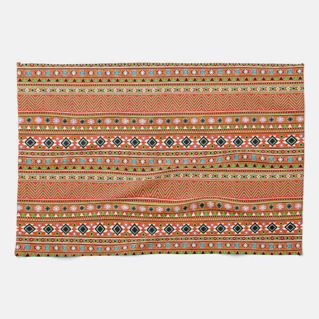 Coral Aztec Style Southwestern Pattern Tea Towel (Horizontal)