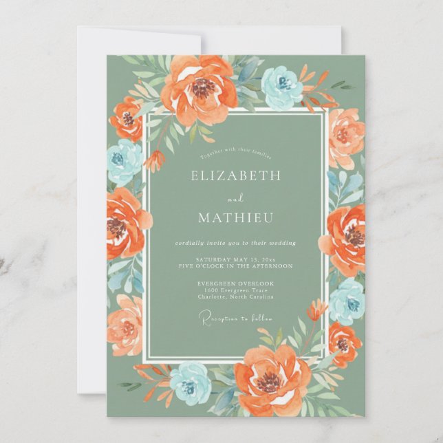 Coral Azure Peony Wedding Invitation (Front)