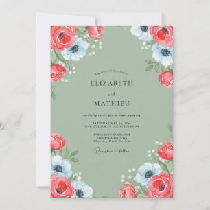 Coral Azure Sage Petal Wedding Invitation