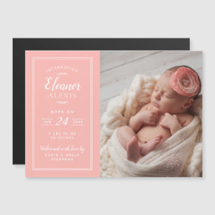 Coral Baby Girl Magnetic Photo Birth Announcement