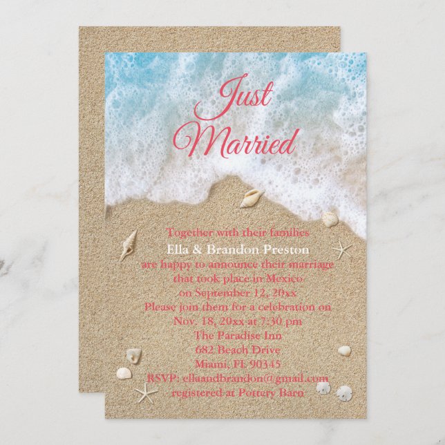Coral Beach Waves Just Married Post Wedding Invitation (Front/Back)