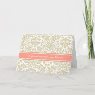 Coral Beige Damask Cousin Bridesmaid Invitation