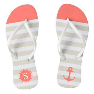 Coral Beige Strips - Cute Nautical Anchor Monogram Thongs