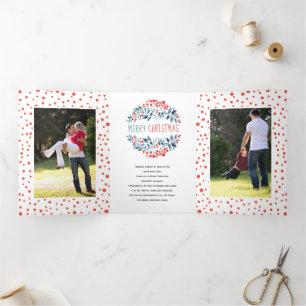 Coral berries blue Christmas holiday photo collage Tri-Fold Holiday Card