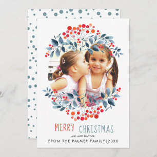 Coral berries, dusty blue leaves Christmas photo H Holiday Card
