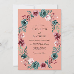 Coral Berry Wreath Wedding Invitation