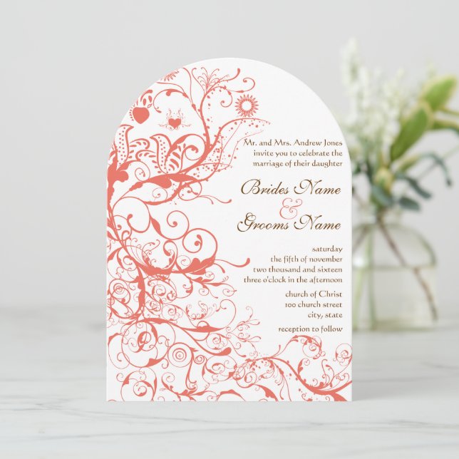 Coral Birds & Swirls Wedding Invitations (Standing Front)