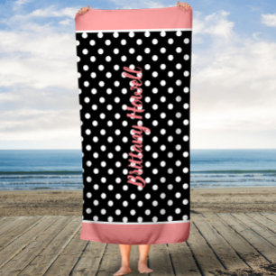 Coral Black and White Polka Dots Custom Bath Towel