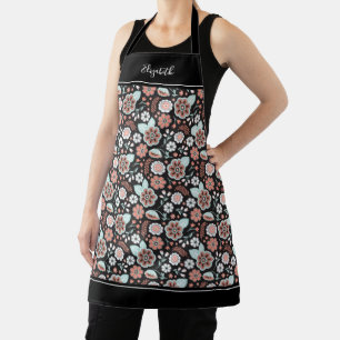 Coral Black Floral Pattern kitchen Apron