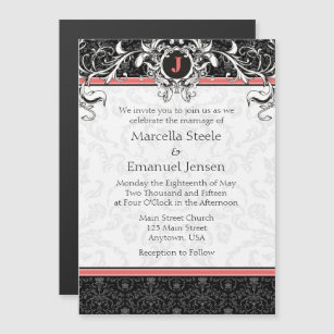 Coral Black Monogram Magnetic Wedding Invitation