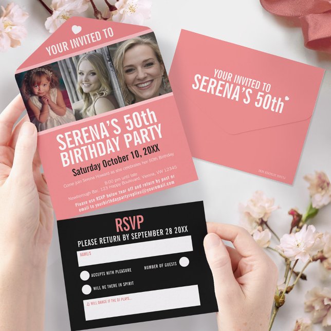 Coral black three photos 50th Birthday party All In One Invitation (Creator Uploaded)