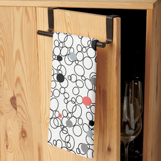 Coral Black White Circles, Dots Tea Towel (Thirds Fold)