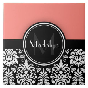 Coral Black White Damask Monogram Letter Ceramic Tile