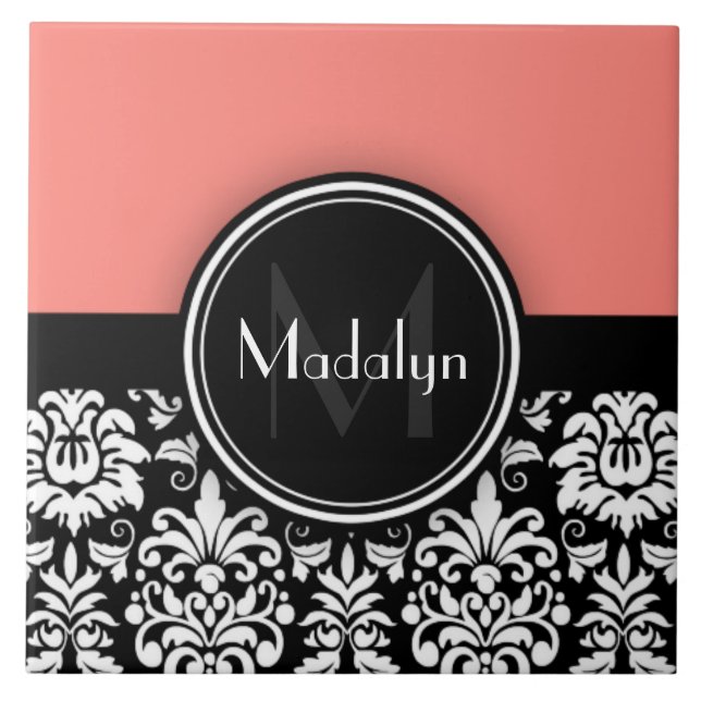 Coral Black White Damask Monogram Letter Ceramic Tile (Front)