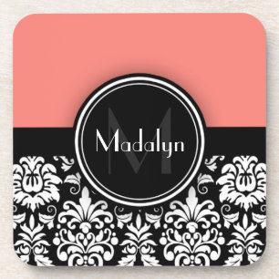 Coral Black White Damask Monogram Letter Coaster