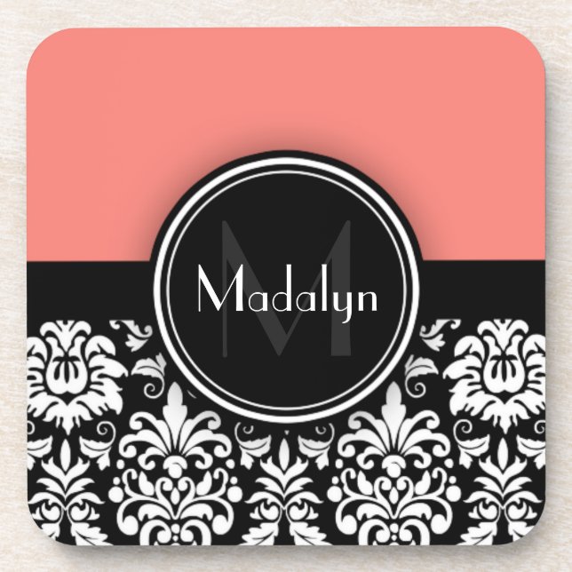 Coral Black White Damask Monogram Letter Coaster (Front)