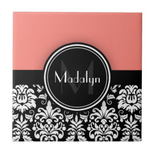 Coral Black White Damask Monogram Letter Tile