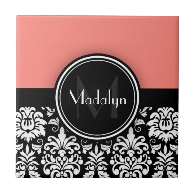 Coral Black White Damask Monogram Letter Tile (Front)