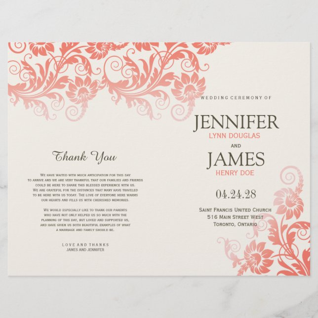 Coral Blooming Elegance Wedding Programs (Front)