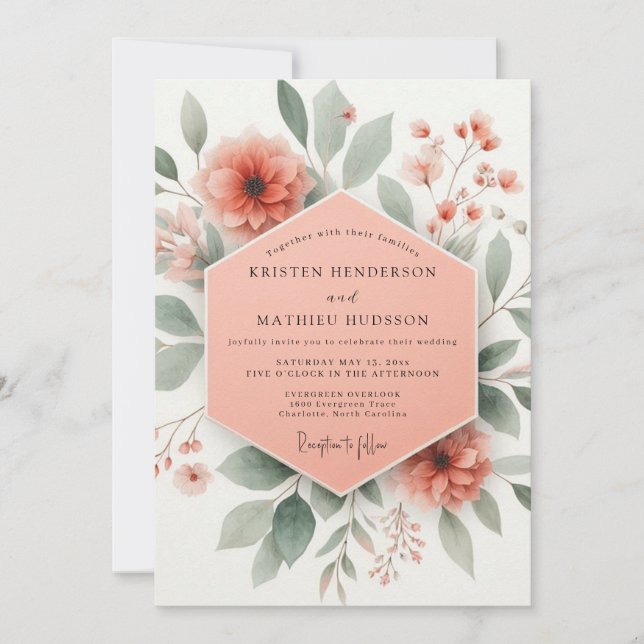 Coral Blossom Botanical Romance Wedding Invitation (Front)