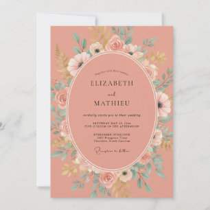 Coral Blossom Botanical Romance Wedding Invitation