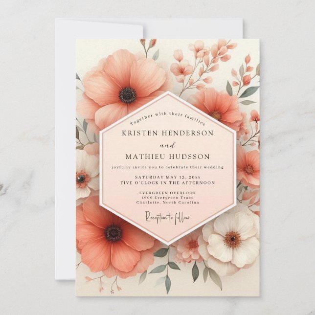 Coral Blossom Enchantment Wedding Invitation (Front)