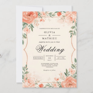 Coral Blossom Floral Frame Wedding Invitation
