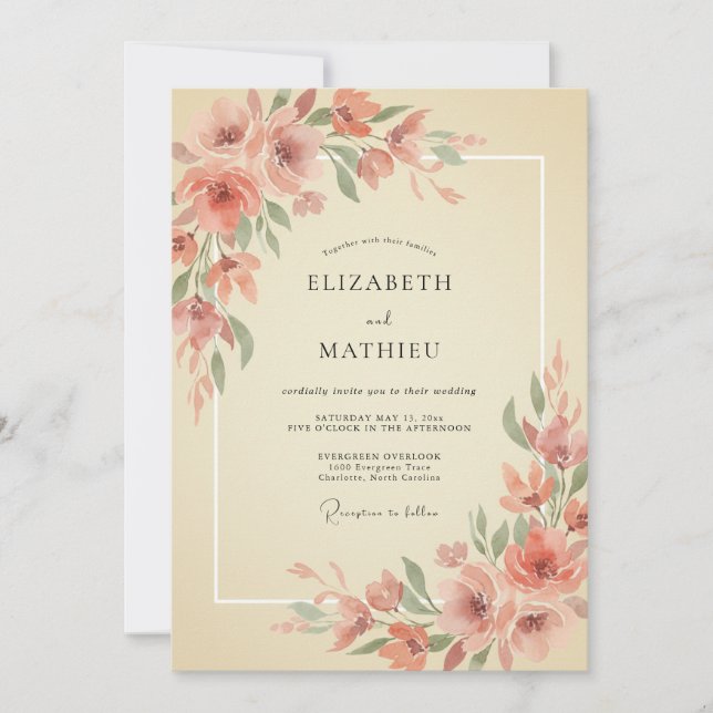 Coral Blossom Romance Wedding Invitation (Front)