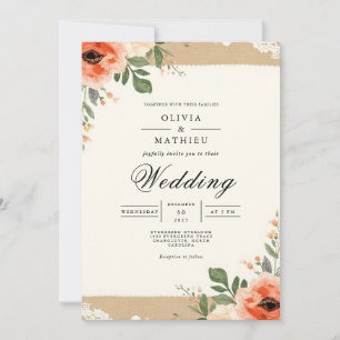 Coral Blossom Rustic Flourish Wedding Invitation