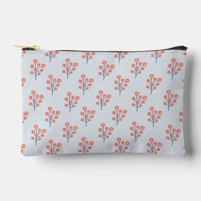 Coral Blossom Sprigs on Misty Blue Pattern  Accessory Pouch (Front)