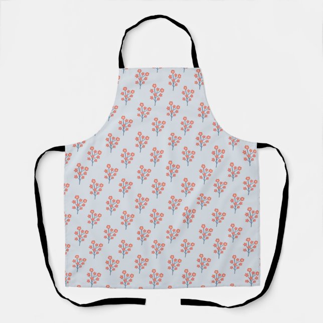 Coral Blossom Sprigs on Misty Blue Pattern  Apron (Front)
