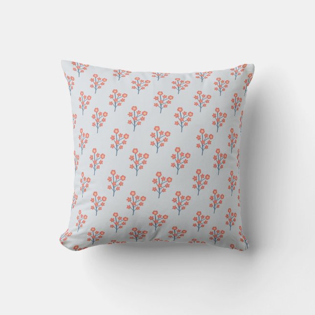 Coral Blossom Sprigs on Misty Blue Pattern  Cushion (Front)