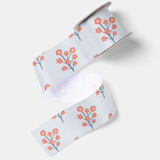 Coral Blossom Sprigs on Misty Blue Pattern Satin Ribbon
