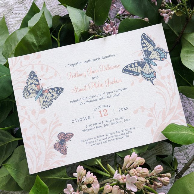 Coral blue butterflies inked art photo wedding invitation (Creator Uploaded)